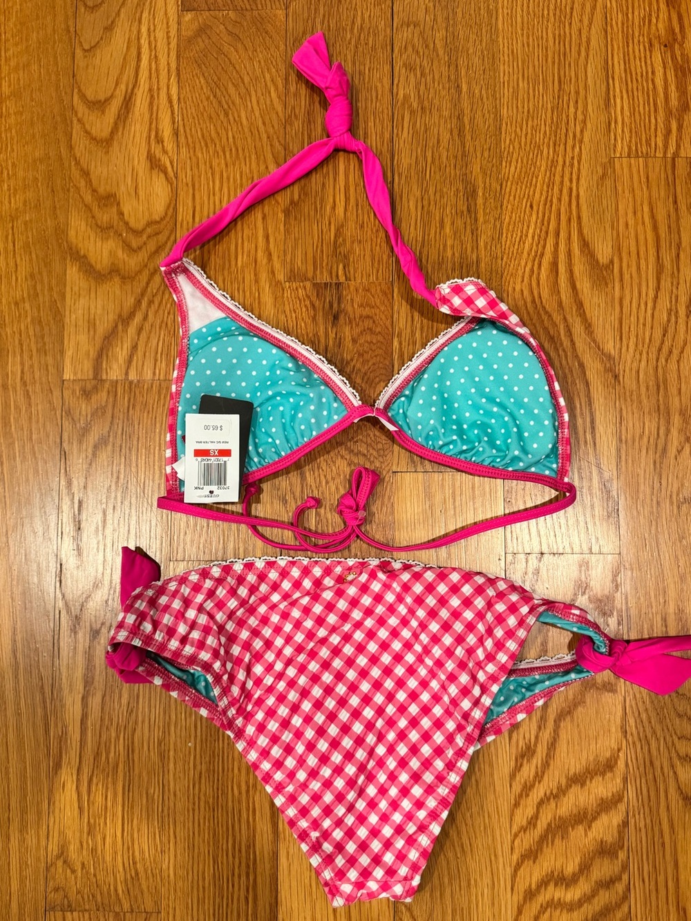 Guess Retro Pink White Gingham Lace Strappy Halter Bikini Top Bottom Swim Set XS - Picture 2 of 4